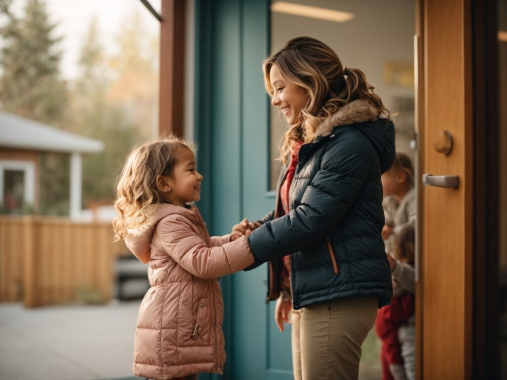 A touching moment between figure and toddler, sharing a heartfelt hug or high-5 at the daycare door. Expressing love and reassurance - what do you say to a child leaving daycare?