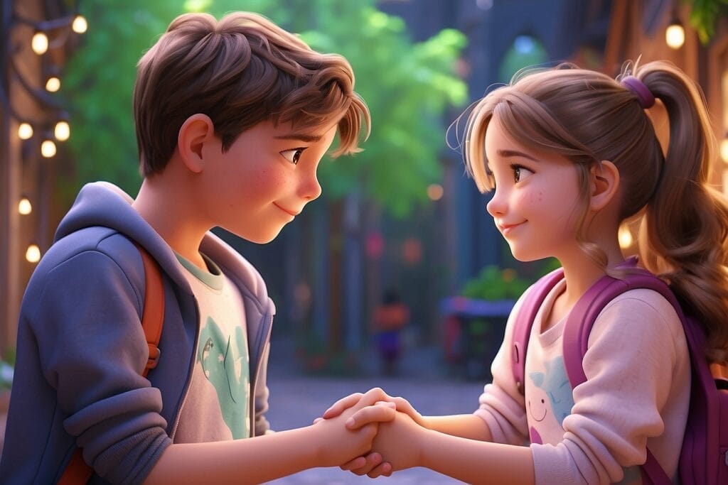 Revealing the depth of friendship: A boy and a girl share a heartwarming moment, emphasizing the positive thoughts and emotions that come to light with a friendly touch on the arm. Explore the true meaning of connection and camaraderie.