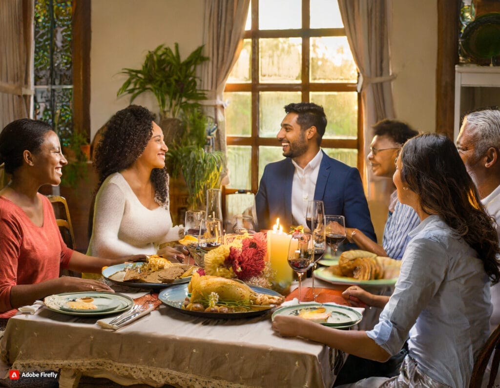 This heartwarming image portrays a beautiful family dinner table scene, where both families are gathered together, sharing a meal filled with warmth and unity. As they converse, the discussions revolve around 'What Questions Should I Ask My Future Son-in-Law?' - a moment of bonding and reflection on cherished family values. The connection and love that emanate from this shared experience demonstrate the power of asking important questions to strengthen family bonds and create lasting unity.