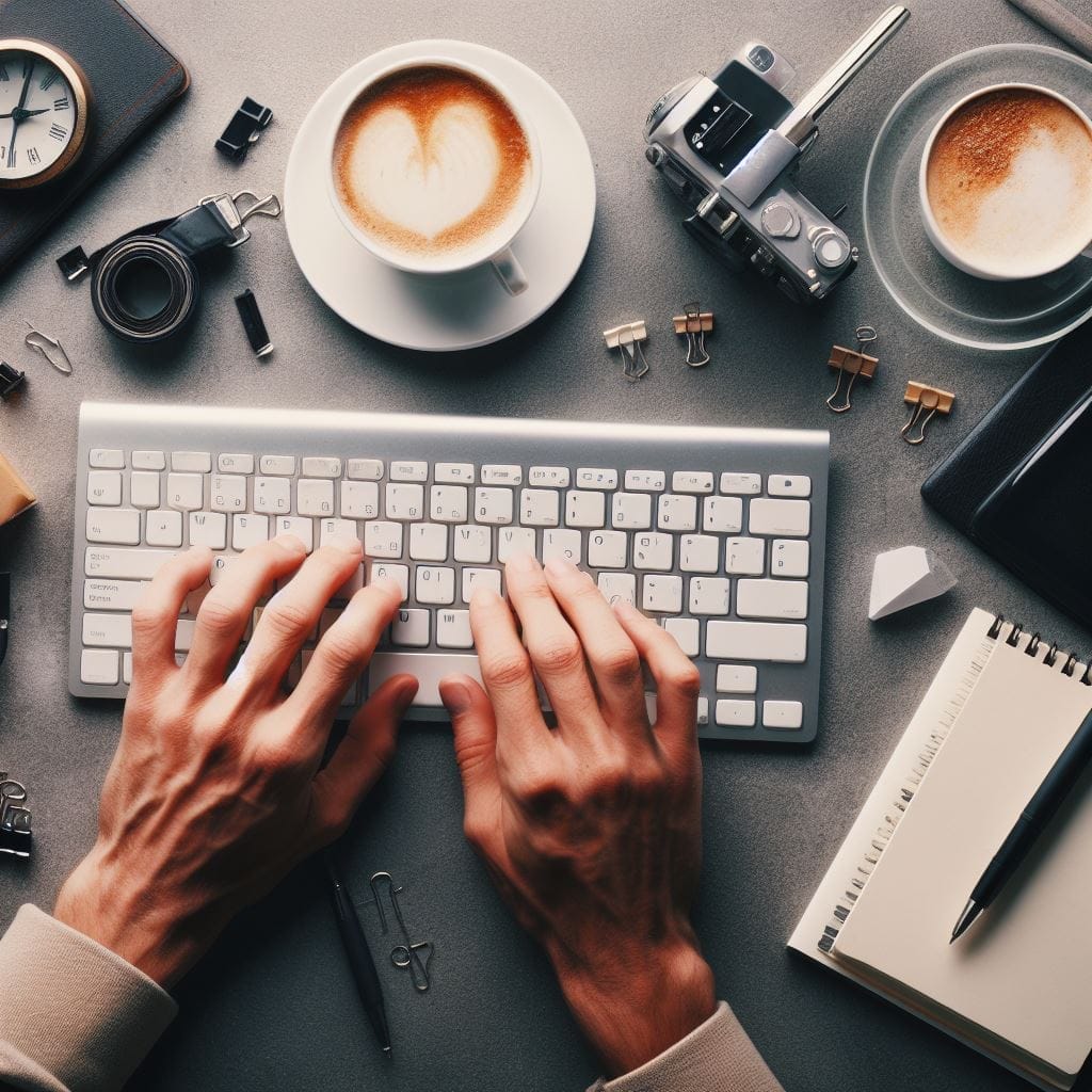 Immerse yourself in the innovative process with this photo of hands on a keyboard, surrounded by way of coffee, pens, and notebooks. A symbolic snapshot representing the art of crafting captivating captions for Instagram, where every keystroke resonates with creativity and fuels the journey of expression.