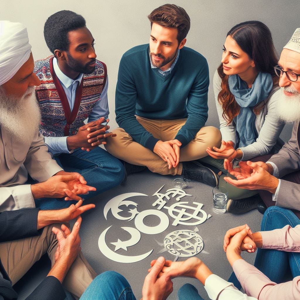 A diverse group engaging in a polite conversation, exemplifying a harmonious exchange of ideas despite religious disparities. Individuals from various origins discuss strategies on what to say when someone pushes religion on you in a calm and respectful manner.