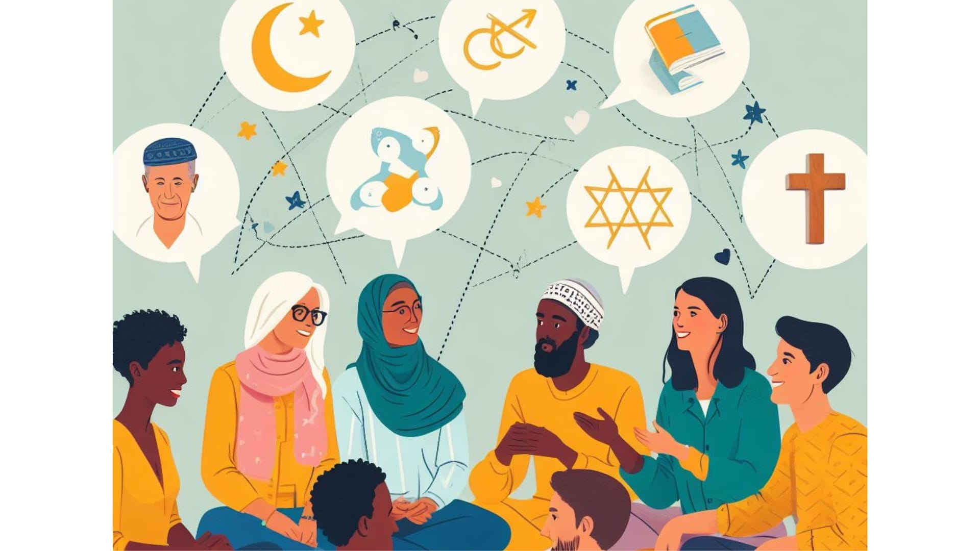 A diverse group of individuals engaged in a respectful conversation, showcasing harmonious exchange of ideas despite religious differences. People of various ethnicities and backgrounds discussing what to say when someone pushes religion on you.