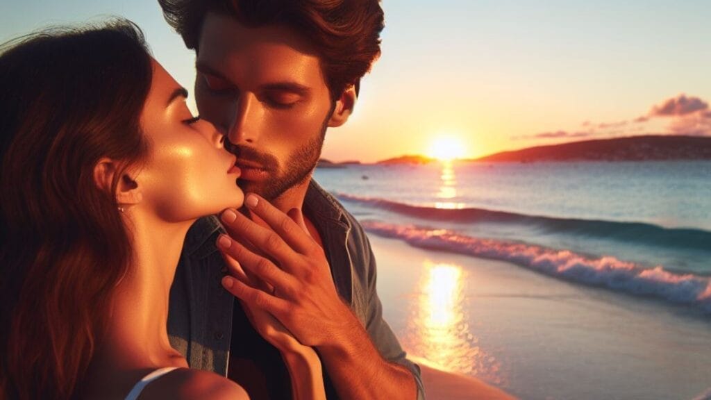 As the sun sets on a picturesque beach, a 30-year-old man sweetly kisses the hand of his 25-year-old companion, their connection captured amidst the gentle waves. What Does It Mean When Your Boyfriend Kisses Your Hand?