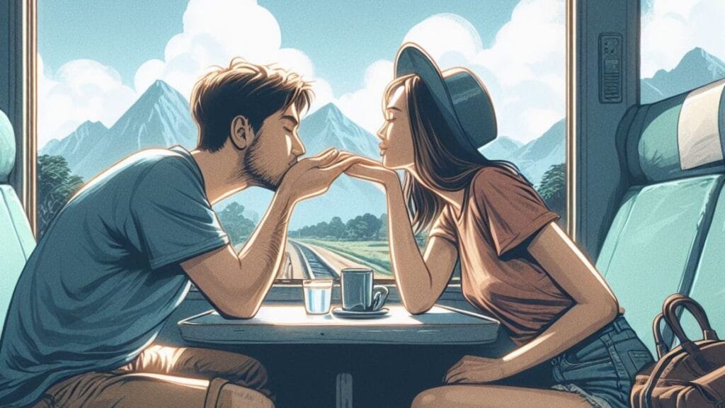 As the train rushes through the landscape, a 30-year-old man expresses adventure and love by kissing the hand of his 25-year-old companion. What Does It Mean When Your Boyfriend Kisses Your Hand?