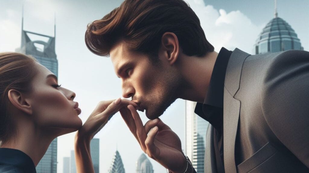 Amidst the city skyline on a rooftop, a 30-year-old gentleman steals a kiss on the hand of a 25-year-old woman, blending modernity with timeless connection. What Does It Mean When Your Boyfriend Kisses Your Hand?