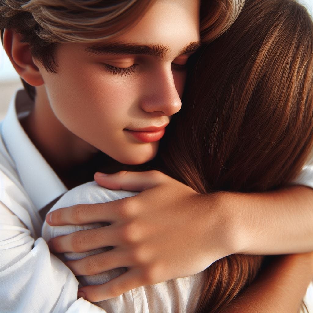 Tender Embrace: A boy envelops a girl in a gentle, affectionate hug; the girl closes her eyes in the warmth of the moment. What Does It Mean When a Guy Hugs You in Public?