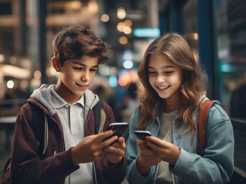 Smiling boy and girl standing, engaged in mobile conversation - What Does It Mean When a Guy Texts You First?