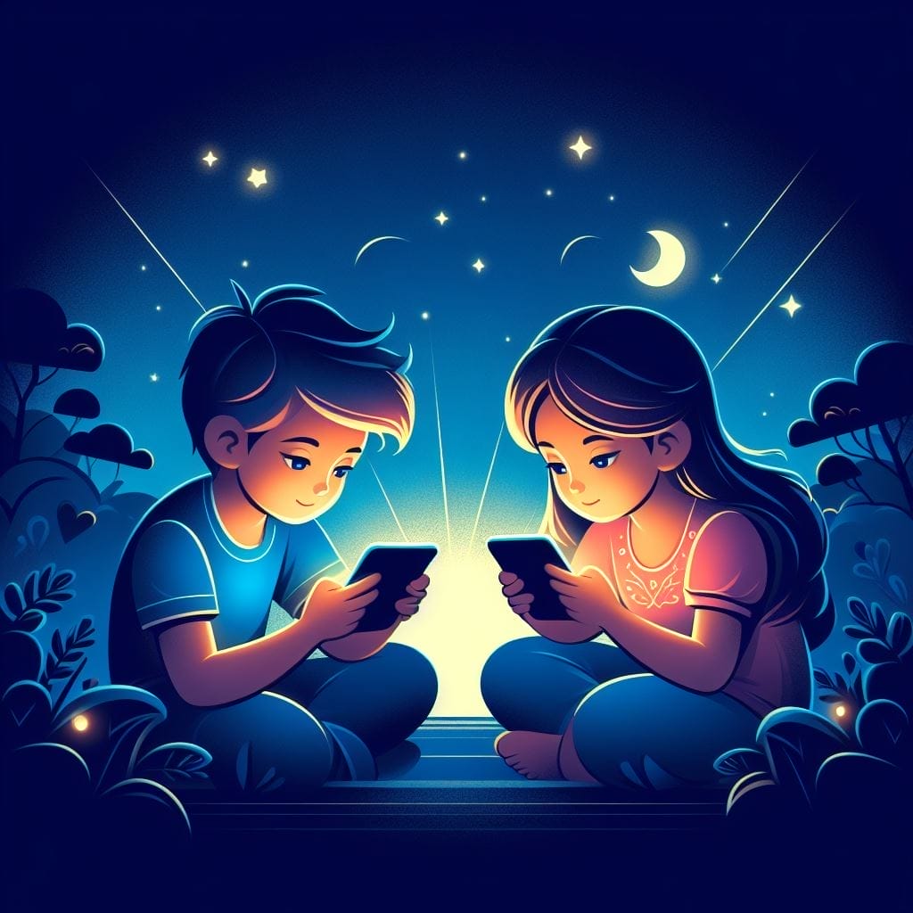 Enchanting night texting: Boy and girl illuminated by device light under starry skies - What Does It Mean When a Guy Texts You First?