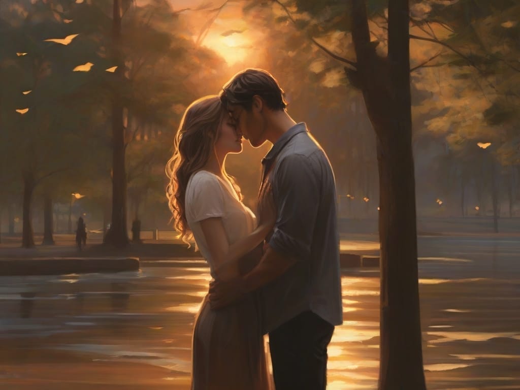 At a tranquil park with a scenic backdrop, a couple stocks a poignant brow kiss, inviting contemplation of the romantic query: 'What Does it Mean When a Guy Kisses You on the Forehead?