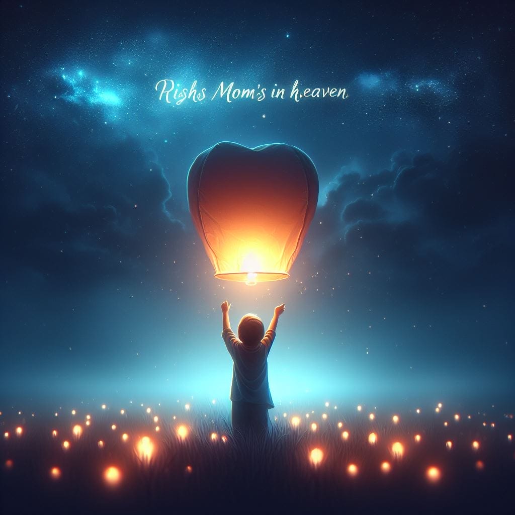 Happy Mother's Day wishes for all moms in heaven: A serene image of a child releasing a lantern into the night sky, symbolizing heartfelt messages reaching celestial mothers.