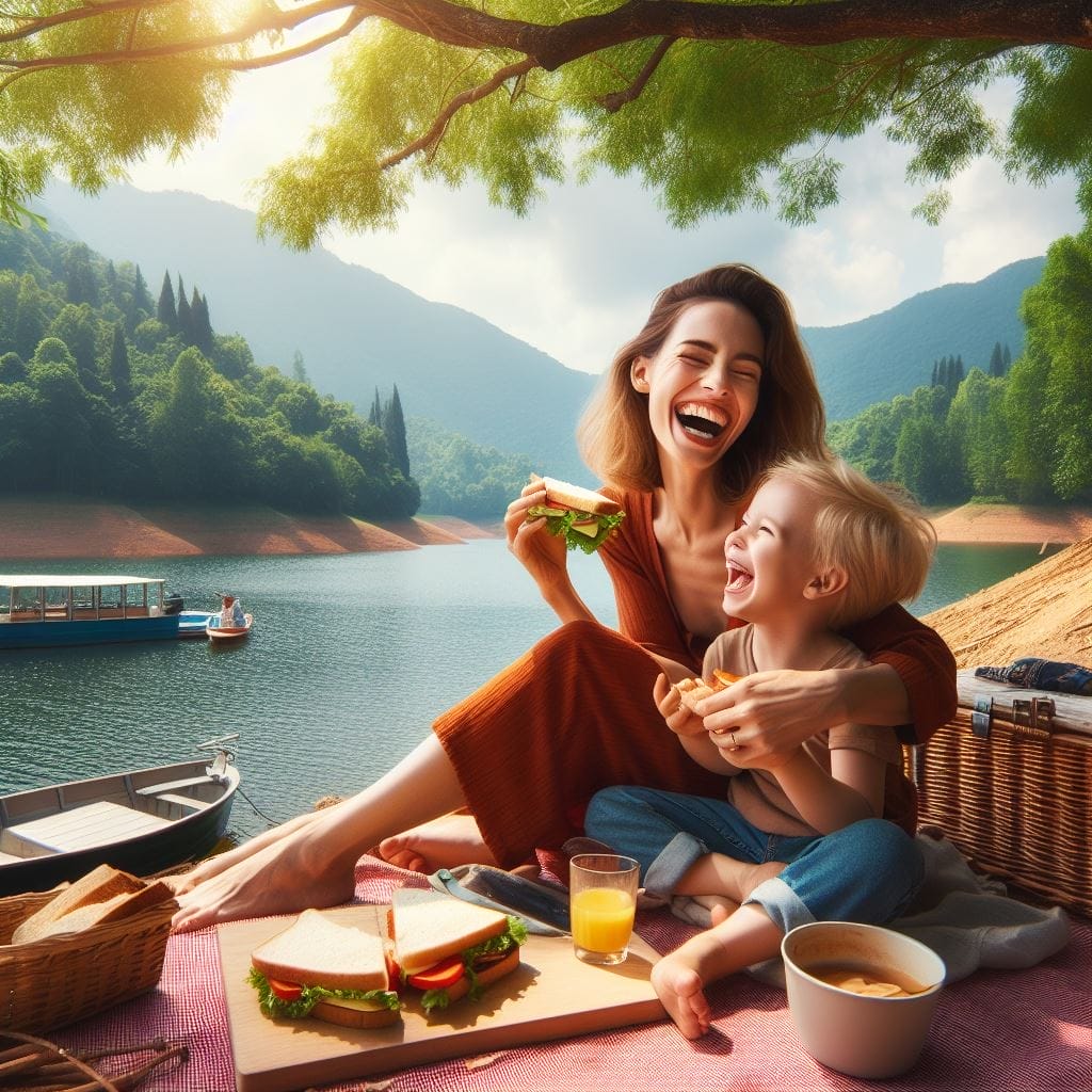 Happy Mother's Day wishes for all moms in heaven: Capturing the essence of a lakeside picnic, a mother and child share laughter and sandwiches, surrounded by the beauty of nature.