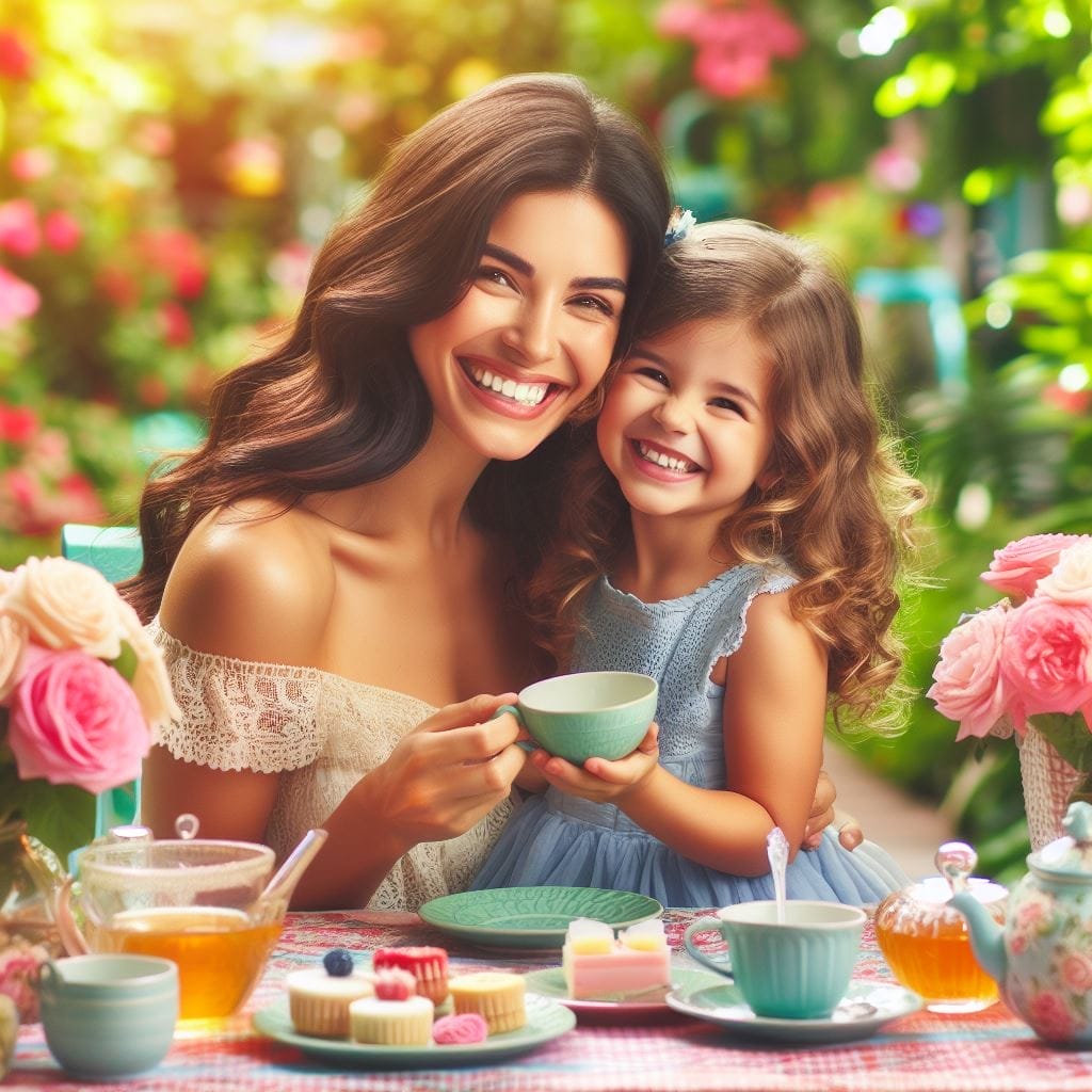 Happy Mother's Day wishes for all moms in heaven: A heartwarming image of a mother and child enjoying a delightful tea party in a vibrant garden, their smiles reflecting the joy of cherished moments.