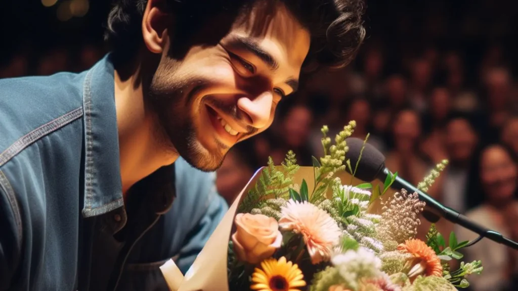 Expressing gratitude: How to congratulate an actor after a play - the star holding a gorgeous bouquet sent by a viewer, radiating thankfulness and joy in a heartfelt post-performance moment.