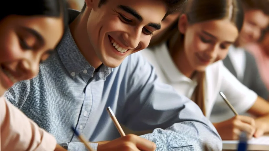 Close-up of a classroom scene where students are immersed in writing heartfelt farewell letters to their teacher. Smiles grace their faces, revealing a blend of concentration and joy in crafting each word.