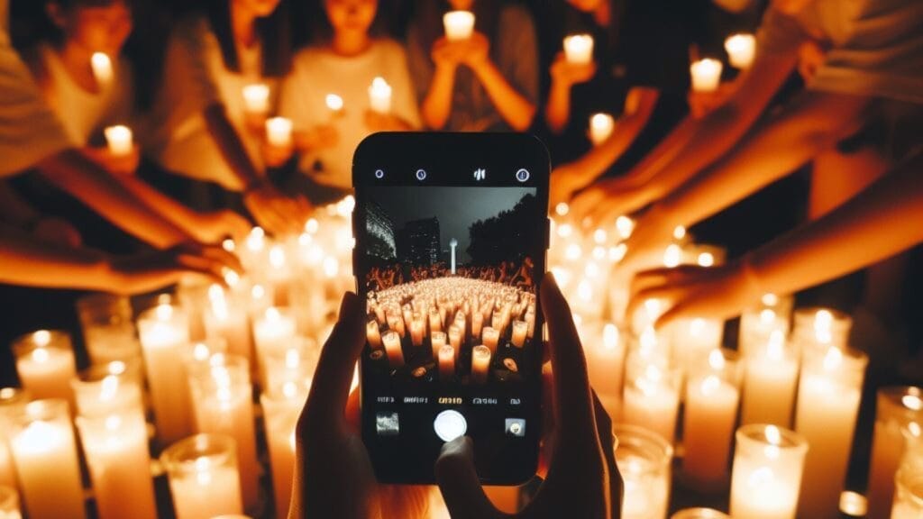 Capturing the poignant moment of a candlelight vigil, where people gather to offer prayers for a loved one who has passed away. A display of support and unity amidst the soothing flicker of candlelight, symbolizing recollection and hope.