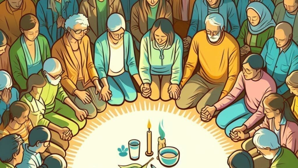 A touching moment of community solidarity captured in an image of a prayer circle. Diverse expressions of empathy and compassion as each person offers heartfelt prayers and support for someone who has lost a loved one.