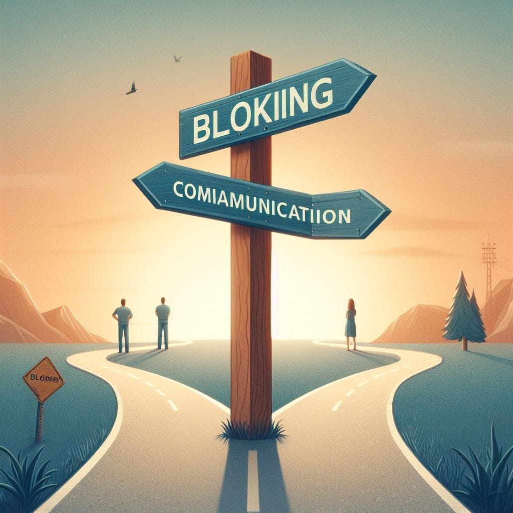 Relationship Crossroads: A signpost with paths labeled 'Blocking' and 'Communication,' representing the pivotal decisions individuals make in relationships and the implications of blocking. What does it mean when a guy blocks you?