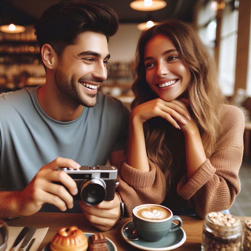 Meaningful Connection: A lovely couple at a coffee shop, radiating joy. The guy, holding a camera, sparks curiosity. Uncover what does it mean when a guy blocks you.