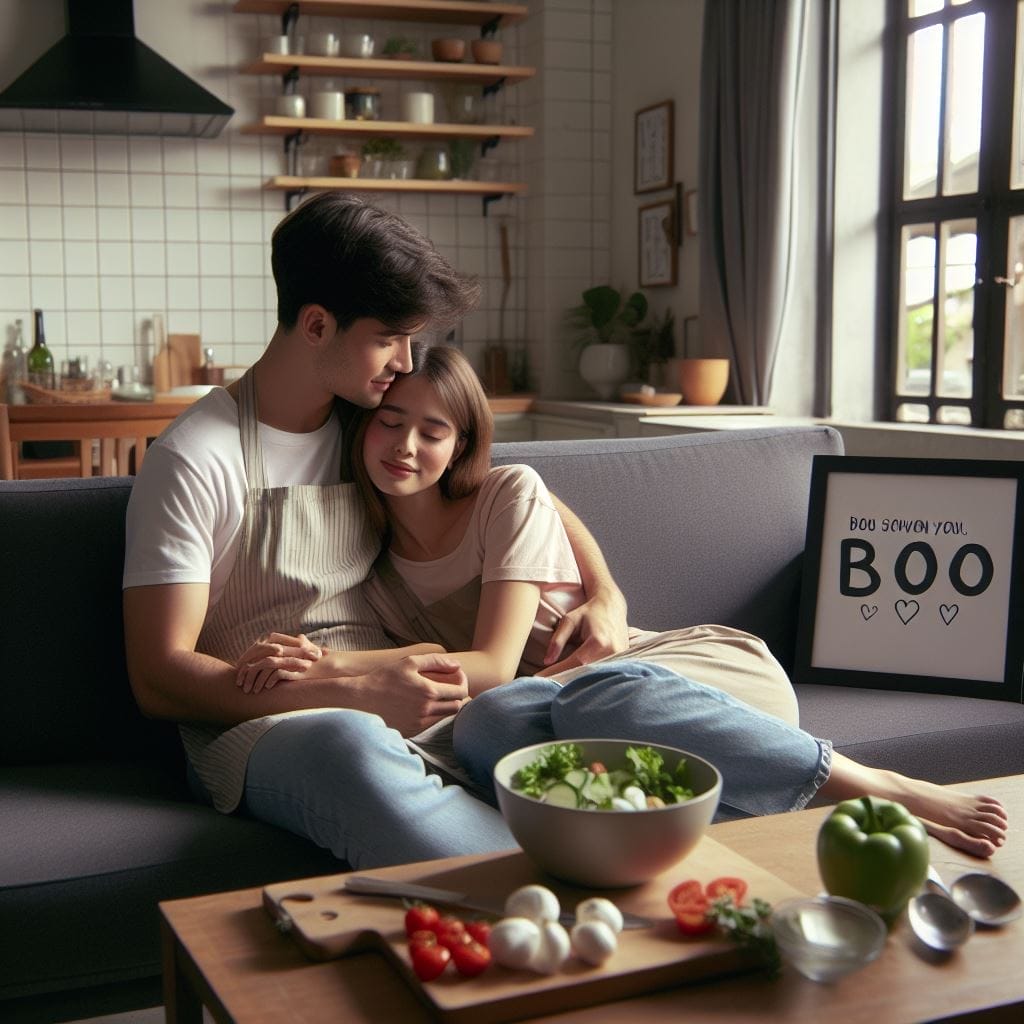 Discover the meaning of 'what does it mean when a guy calls you boo' in this intimate home scene. A 30-year-old gentleman lovingly refers to his 25-year-old partner as 'boo' during a cozy evening of shared relaxation, be it watching a movie or cooking dinner together.