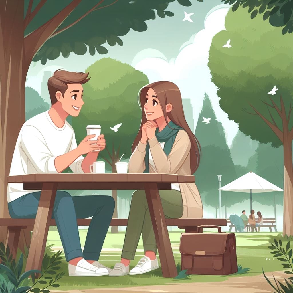 Exploring the question: What does it mean when a guy calls you cute and innocent? A 30-year-old playfully compliments a 25-year-old girl on a park bench, creating a charming connection amid nature's beauty.