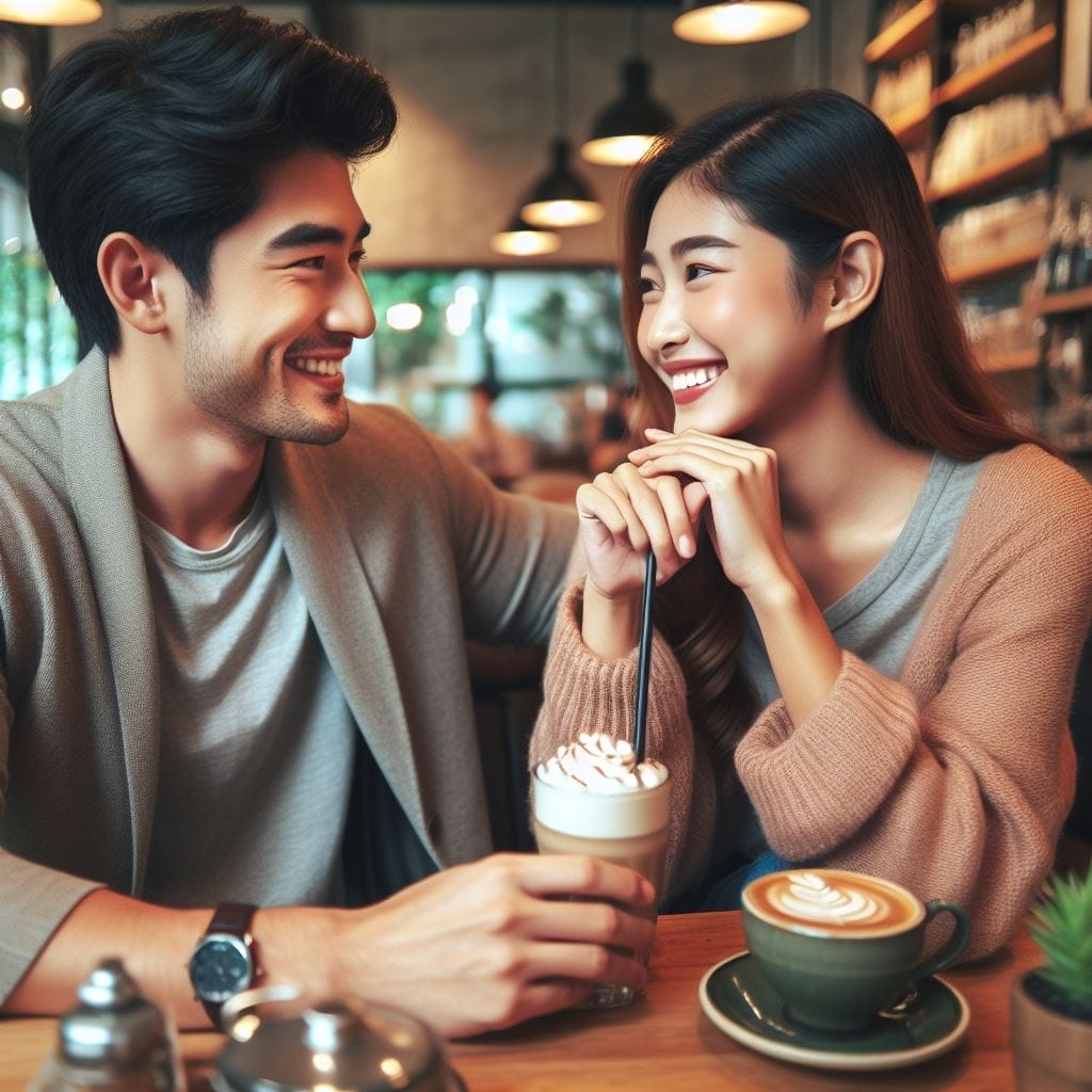 Captivating scene at a coffee and beer shop: A girl smiling as a boy teases her by calling her cute and innocent, creating a heartwarming moment filled with joy and connection.