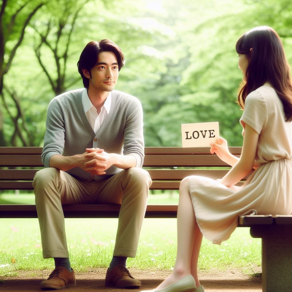 A captivating park scene where a boy sits on a bench in front of a girl. The girl questions, 'What does it mean when a guy calls you love?' as the image delves into the meaning behind the term 'love.'