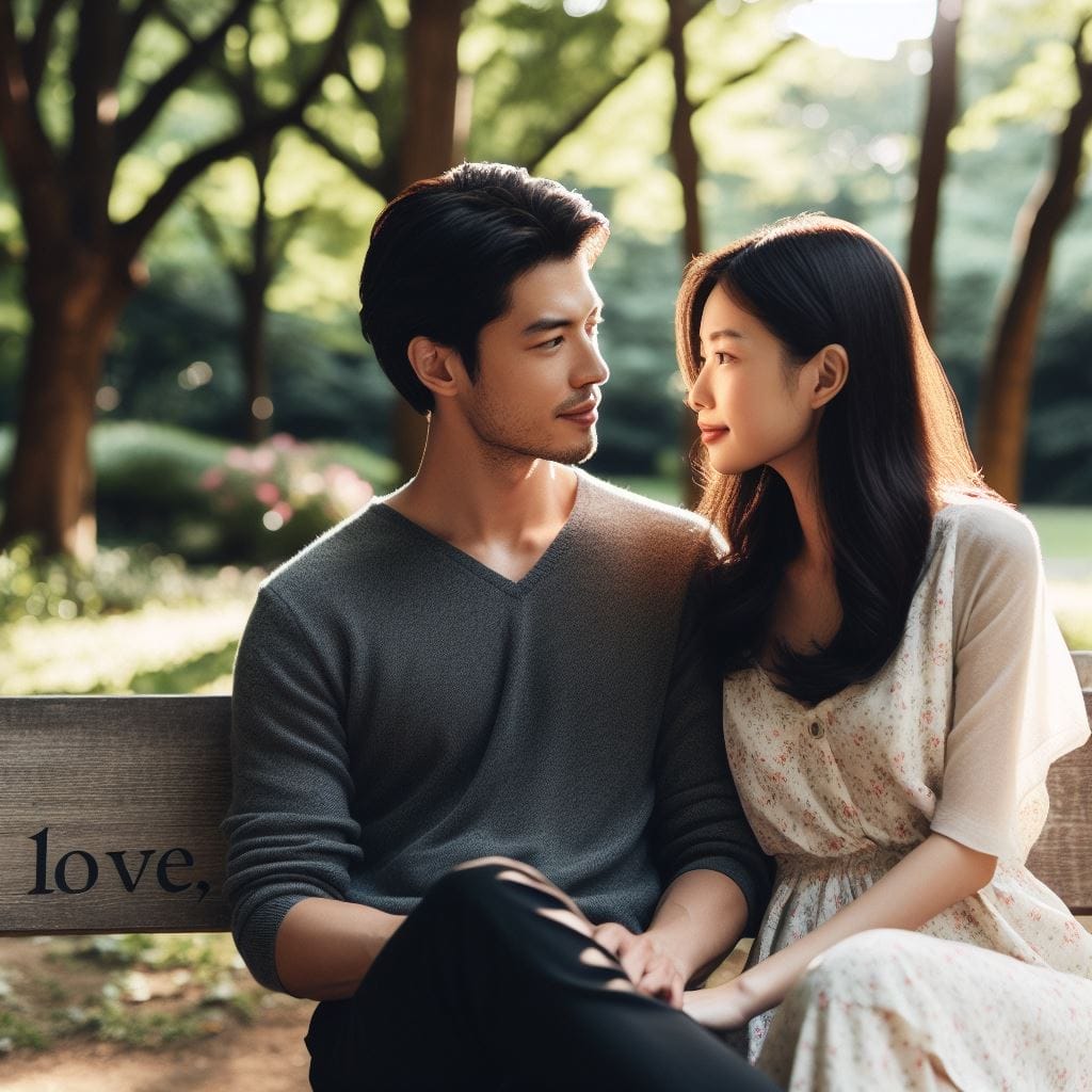 A romantic scene on a park bench with a couple sitting closely. The girl gazes into the boy's eyes, prompting the question, 'What does it mean when a guy calls you love?' creating an intimate moment filled with unspoken affection.