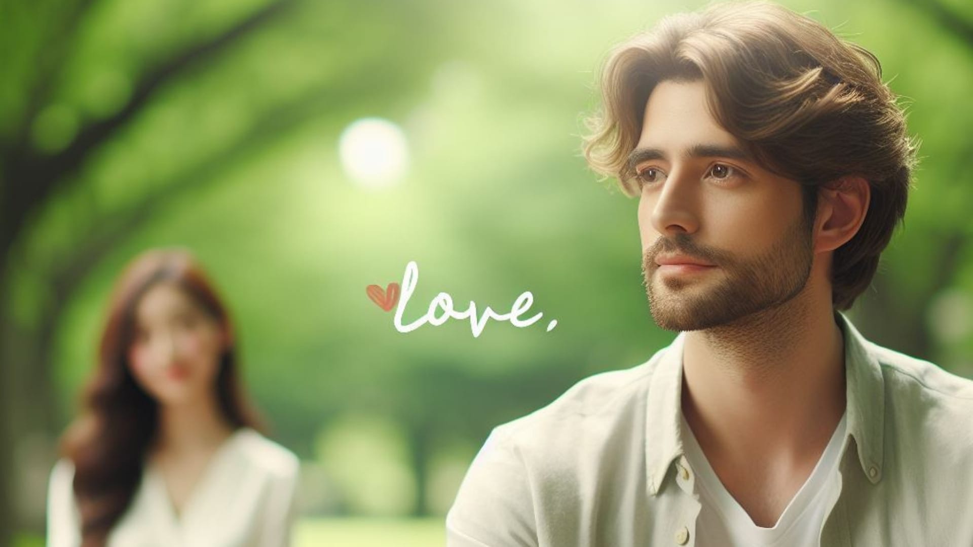 A tranquil park setting with a 30-year-old guy and a 25-year-old girl, sitting on a bench. The guy's expression softens as he utters the word 'love,' exploring what it means when a guy calls you 'love.