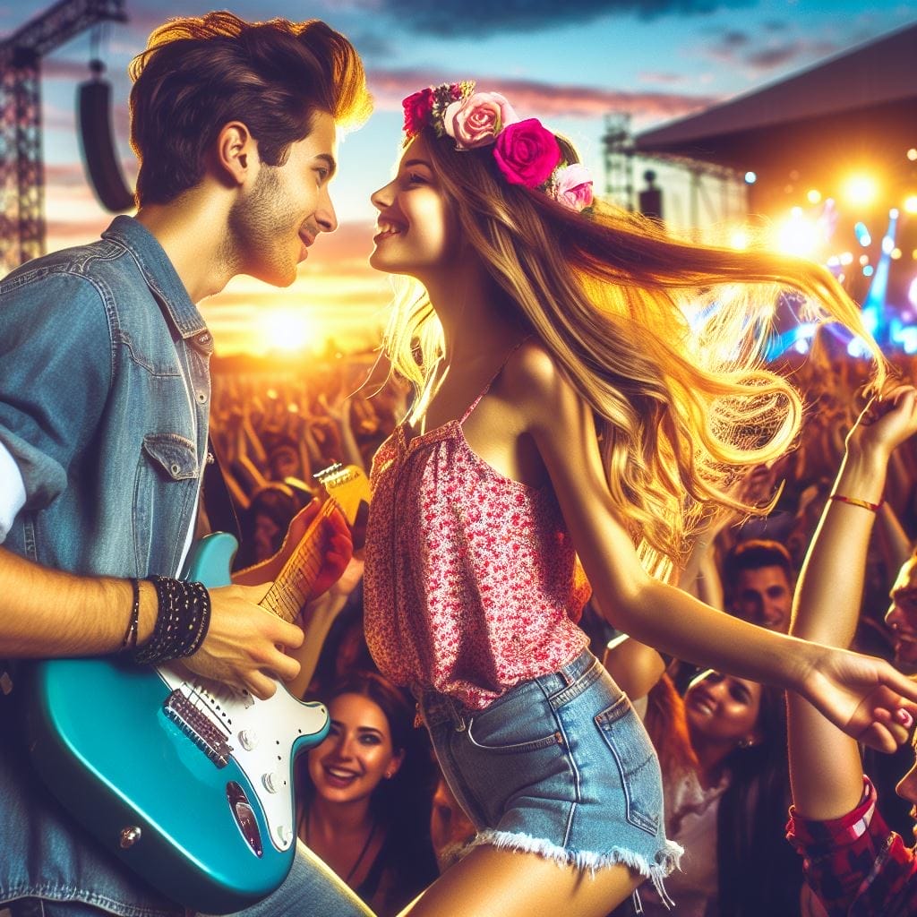 Immersed in the lively atmosphere of a music festival, a guy asks, 'what does it mean when a guy compliments your hair,' adding vibrant energy to the dynamic surroundings.