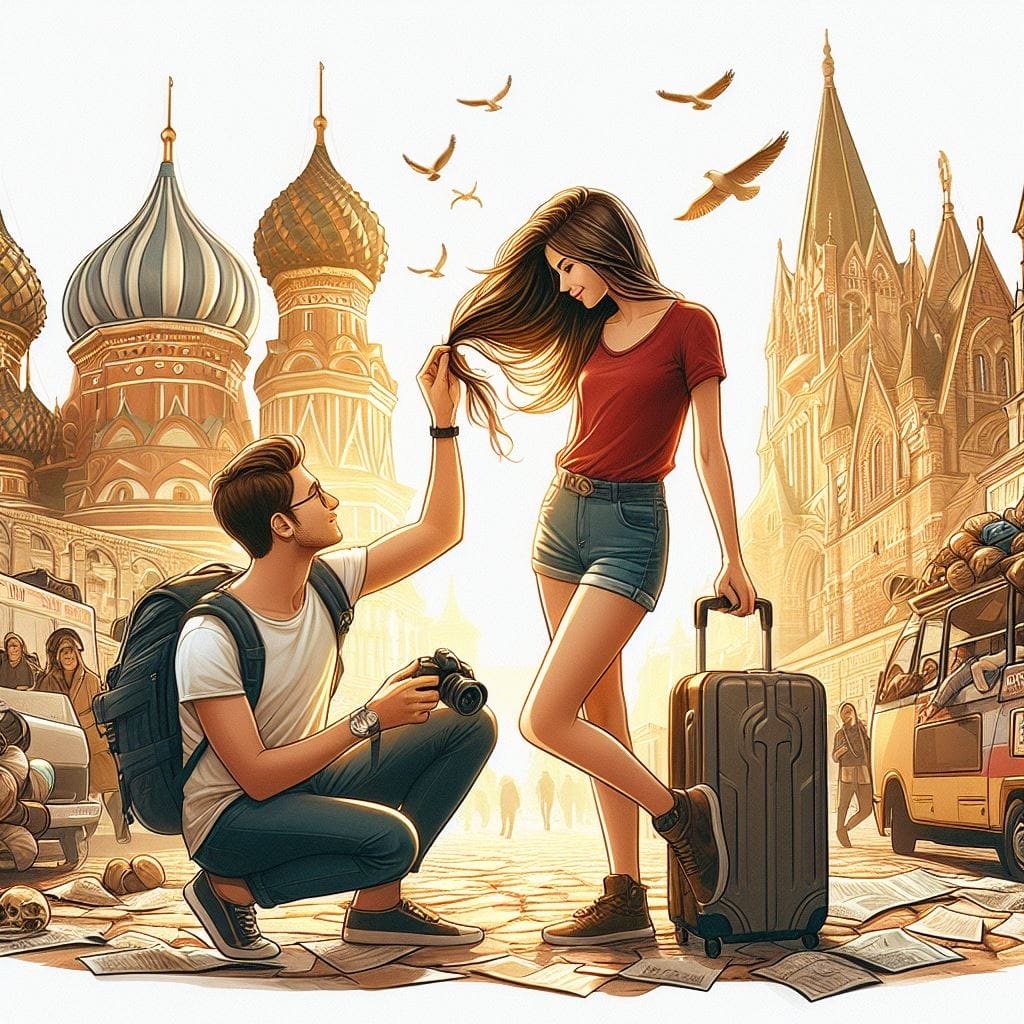 Embarking on a tour journey, the duo explores a new vacation spot. Amidst cultural landmarks, the guy contemplates, 'what does it mean when a guy compliments your hair,' creating a memorable journey.
