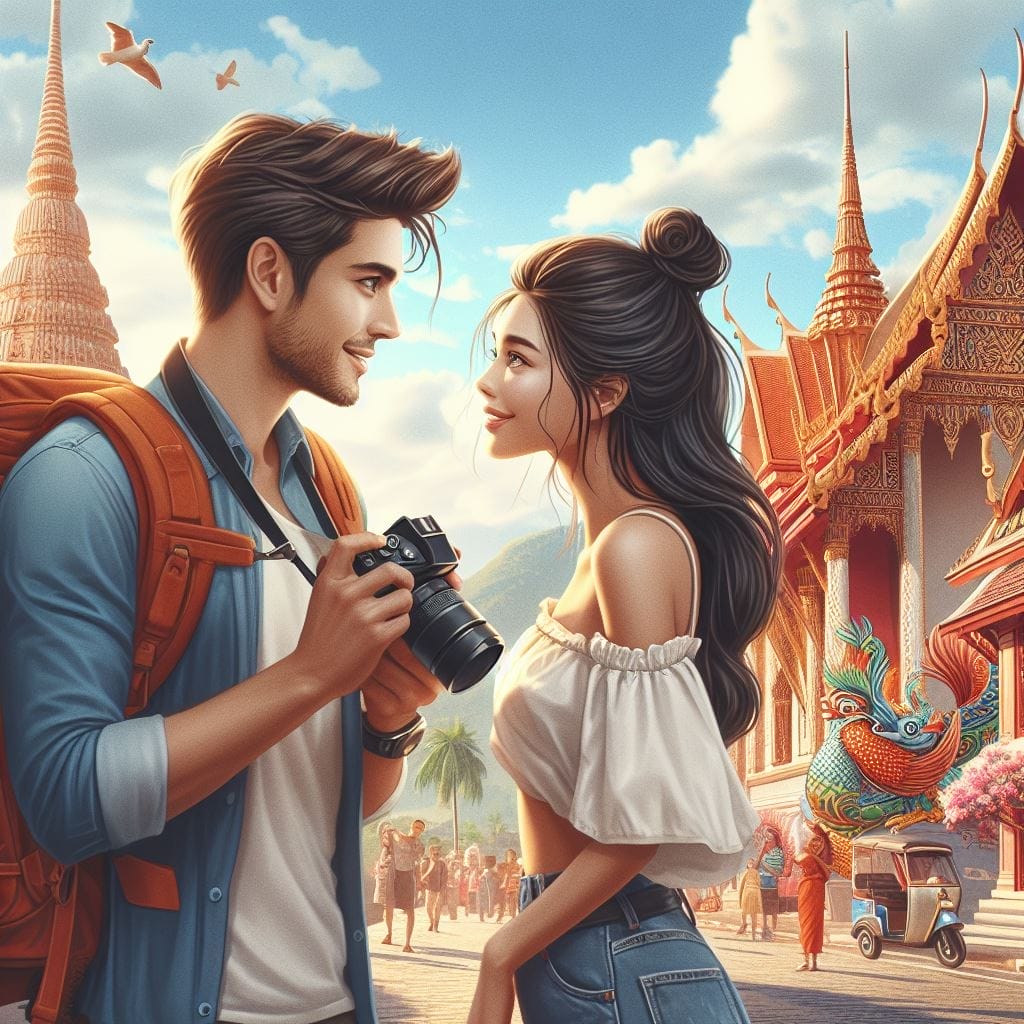 At a picturesque travel destination, a boy holds a camera, admires the girl's hair, and asks, 'what does it mean when a guy compliments your hair,' inviting her to capture a beautiful moment together.