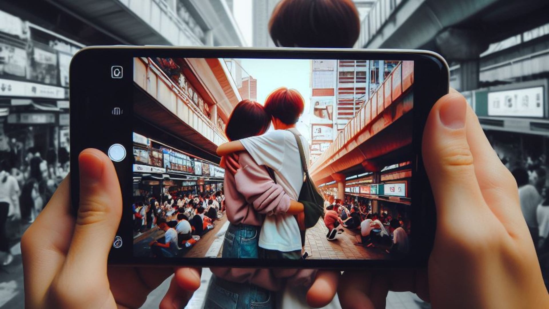 Urban Embrace: A boy hugs a girl against a city backdrop, symbolizing intimacy amid the bustling public setting. What Does It Mean When a Guy Hugs You in Public?