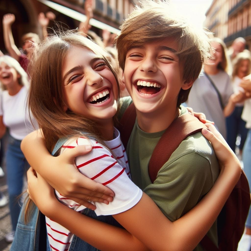 Joyful Public Hug: A boy and a girl laugh together, radiating happiness during a heartwarming embrace. What Does It Mean When a Guy Hugs You in Public?