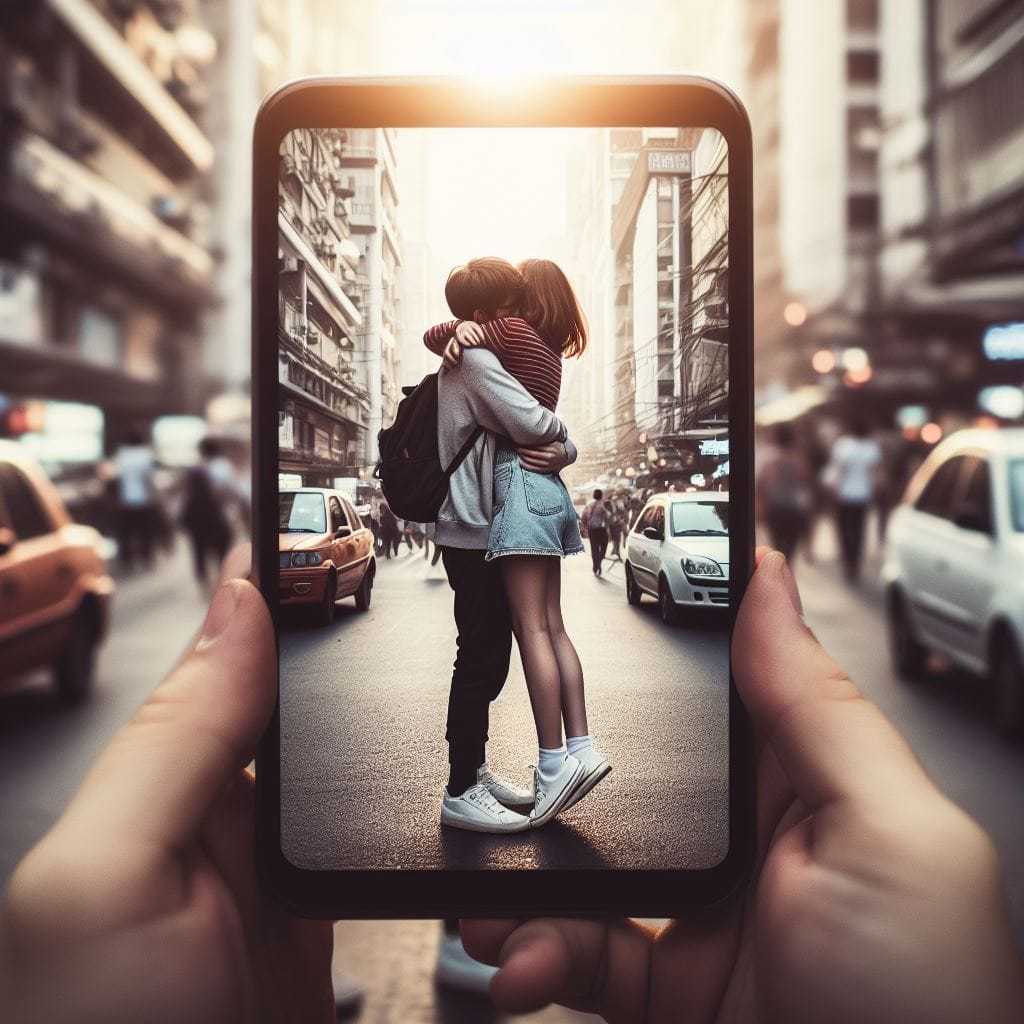 City Affection: A boy hugs a girl against an urban backdrop, showcasing a public setting with the girl reciprocating interest, blending intimacy with city life. What Does It Mean When a Guy Hugs You in Public?
