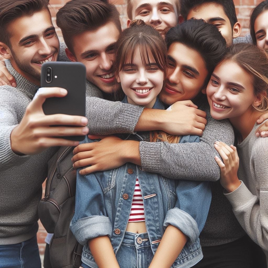 Social Embrace: A group photo featuring a boy hugging a girl amidst friends, showcasing the dynamics of public hugs within a social context. What Does It Mean When a Guy Hugs You in Public?
