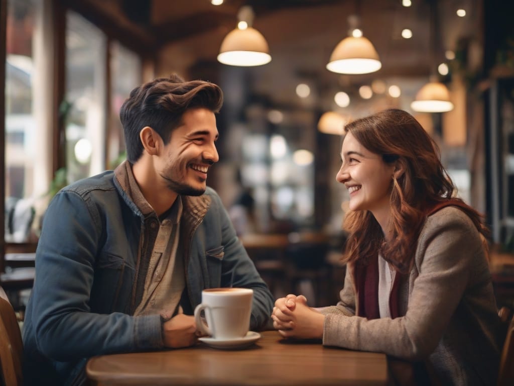 A boy and a woman engaged in a verbal exchange at a cozy coffee save, the boy carrying a heat smile as he listens attentively, portraying the appeal of friendly and significant interactions and also giving clear answer for the question: What does it mean when a guy looks at you and smiles?