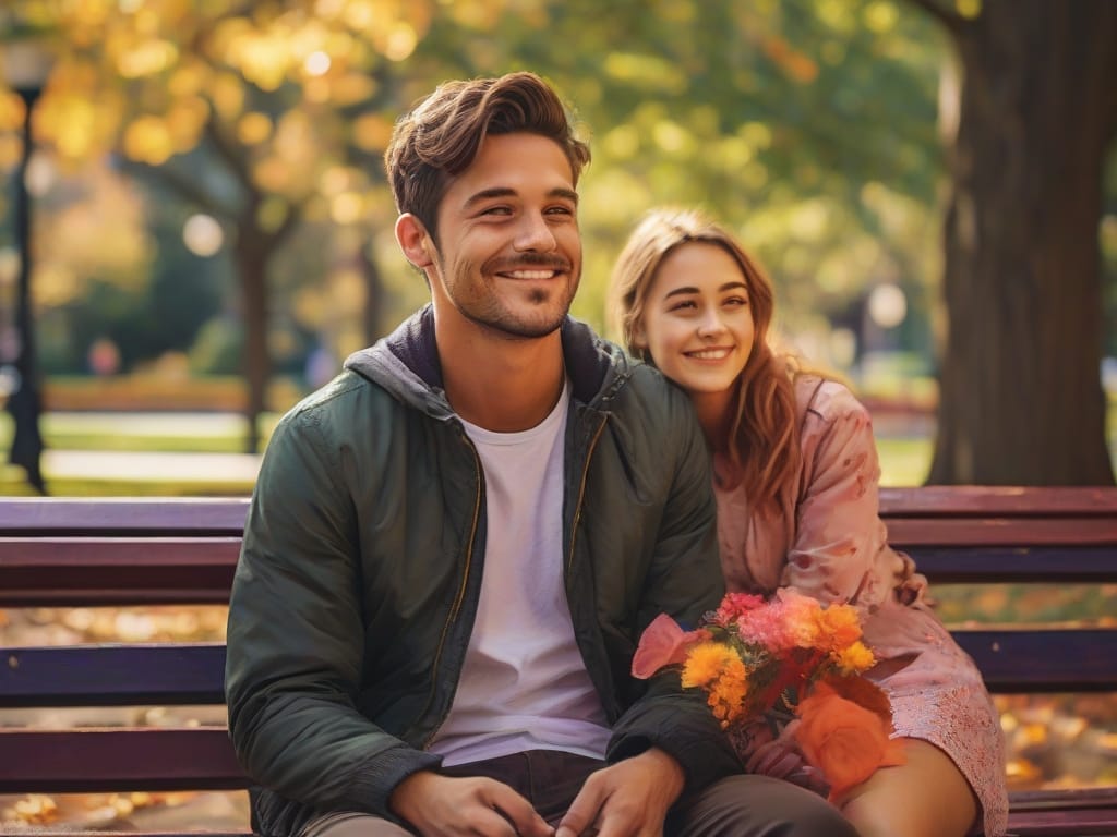 A boy sitting on a park bench, looking toward a lady with a heat smile, surrounded by the colorful colors of nature, taking into consideration the query: what does it imply when a guy seems at you and smiles?