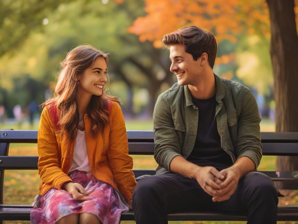 A young man sitting on a park bench, smiling warmly at a girl amidst vibrant nature colors, exploring the meaning of a guy looking at you and smiling.