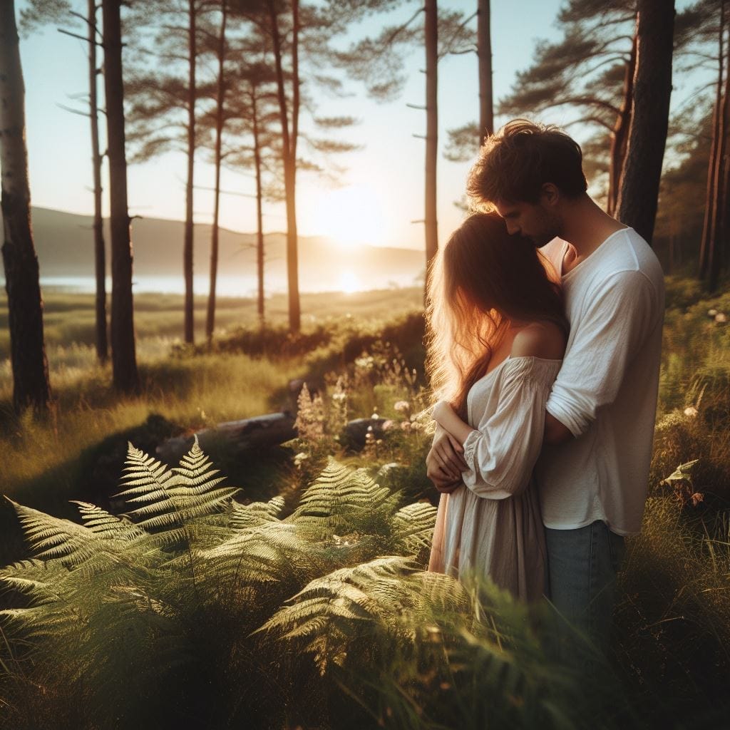 Embraced by nature in a serene outdoor setting, a couple shares a tender moment with the guy gently nuzzling the girl's neck—a beautiful expression of love intertwined with the natural world."