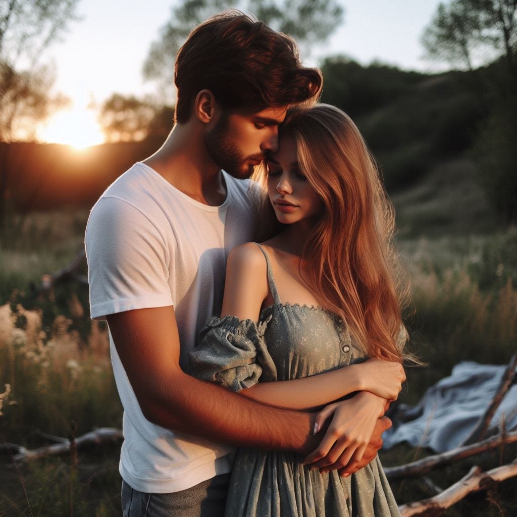 In a serene outdoor setting—a forest clearing or a beach at sunset—a couple shares a tender moment. The 30-year-old guy nuzzles the 25-year-old girl's neck, sparking curiosity about what it means when a guy nuzzles your neck.