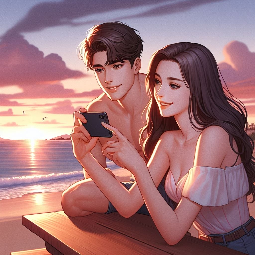 A seaside scene at sunset: A girl gazes at her telephone as a boy smiles, replaying her snap  What does it mean when a guy replays your snap.