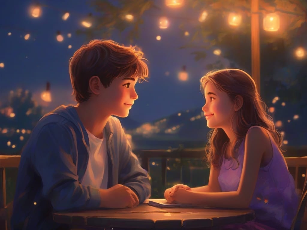 Captivating scene in a cozy cafe: A boy and a girl sitting, gazing into each other's eyes, exchanging smiles. The beautiful ambiance enhances the moment of 'What does it mean when a guy says sweet dreams?