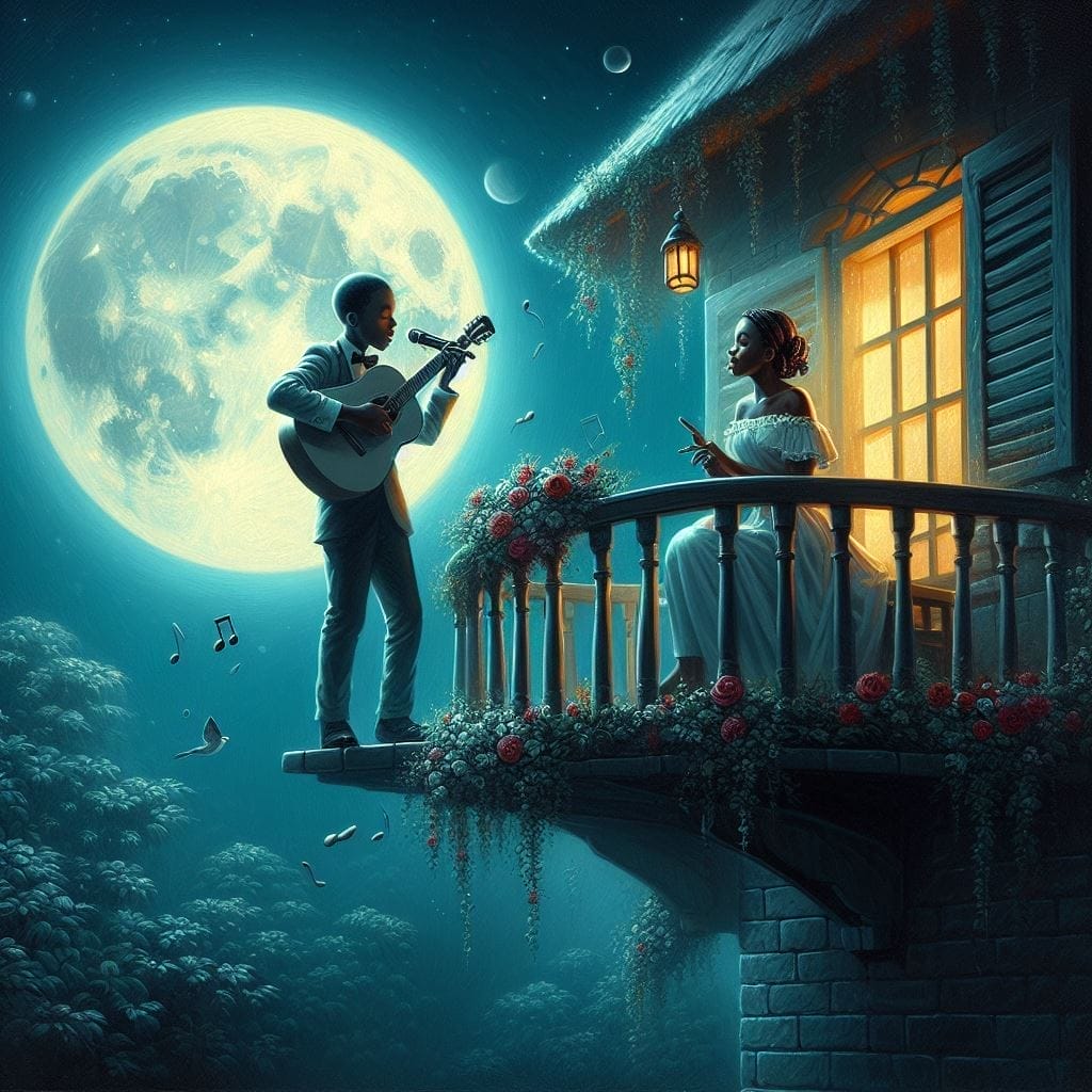 Artistic depiction of a boy serenading a female beneath a moonlit balcony, exploring how musical gestures extend the romantic essence of 'What does it mean when a guy says candy dreams.