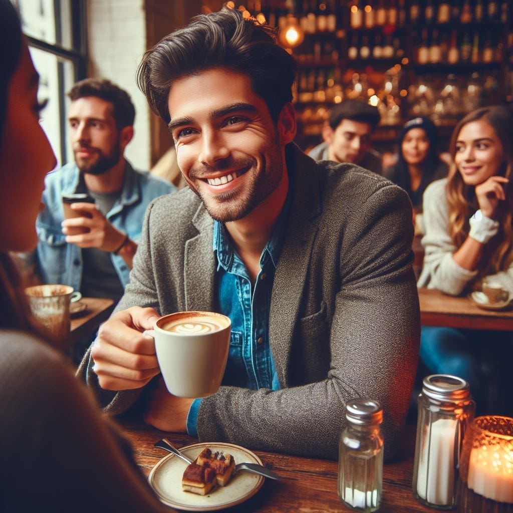 Young man holding a cup of coffee, winks, and smiles at a girl in a cozy coffee shop. Explore the intrigue: what does it mean when a guy winks at you and smiles?