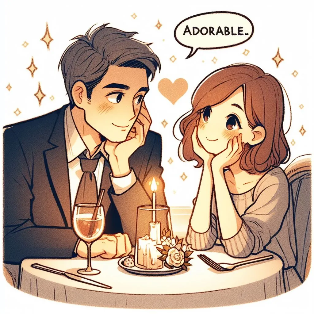 A romantic dinner setting with a 35-year-old couple. The man, captivated by his partner's charm, gazes into her eyes, calling her adorable. Decode the sentiment when a guy calls you adorable.