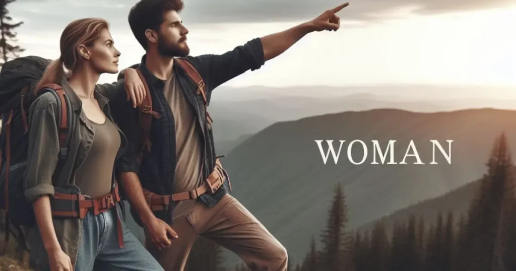 A couple on an adventurous hike. He's pointing towards the horizon, using the term 'woman' to express admiration for her courage in the great outdoors.