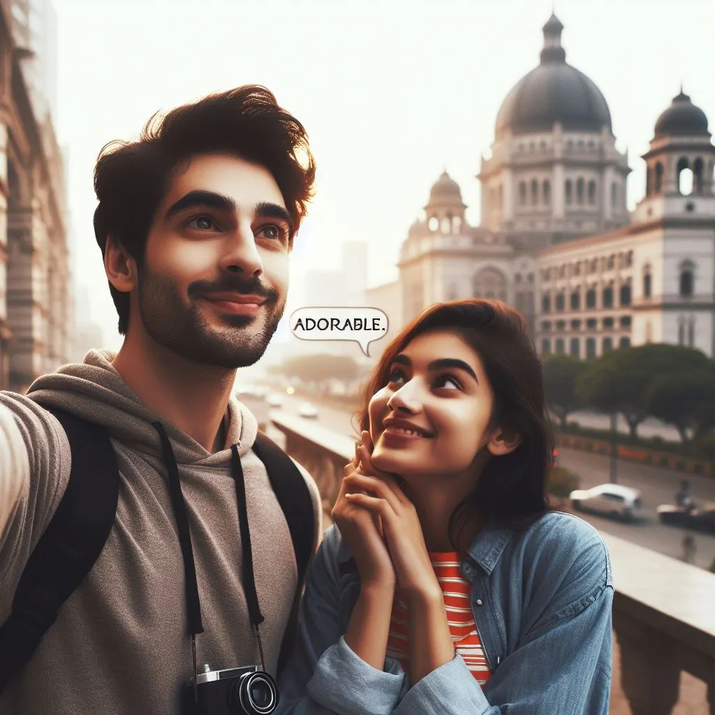 A visual narrative of the couple exploring a new city. The guy, enchanted by his partner's curiosity, affectionately uses the term 'adorable,' capturing the joy of discovering new places together.