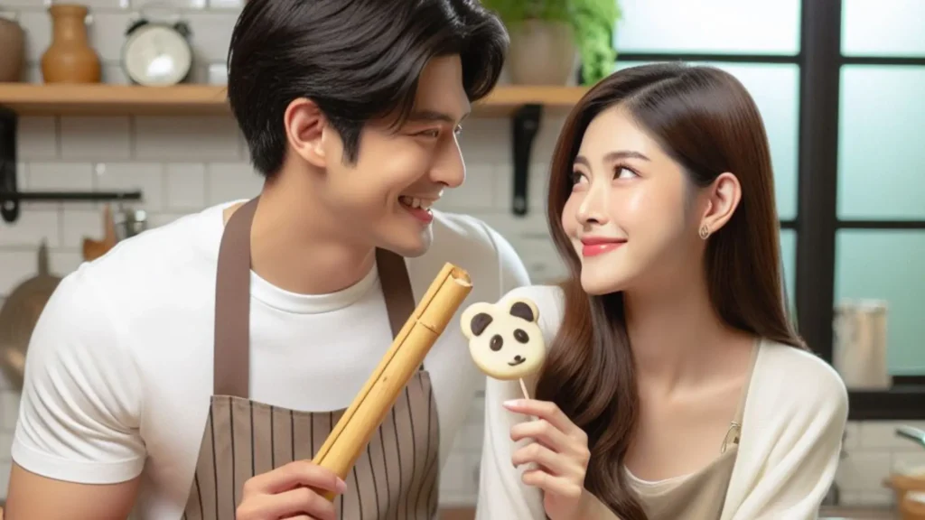 Embraced in a cozy kitchen, a 30-year-old guy, holding a bamboo-shaped cookie, affectionately calls his 25-year-old partner 'Panda' with a mischievous grin, unraveling the mystery of 'What does it mean when a guy calls you Panda.'