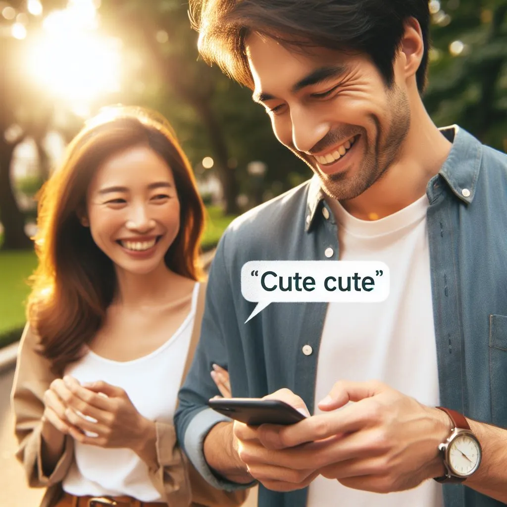 A delightful scene unfolds as a thirty-year-old couple strolls hand in hand in the sunlit park. The guy, wearing a broad smile, affectionately texts his partner, playfully calling her 'cute' – unraveling the mystery of what it means when a guy calls you cute over text.
