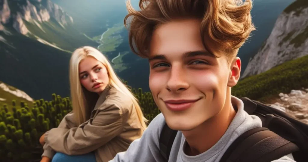 On a mountain route, the youngster smirks, perhaps responding to the girl's reaction to an amazing vista. Explore what it means when a guy smirks at you, as he exudes confidence and amusement.